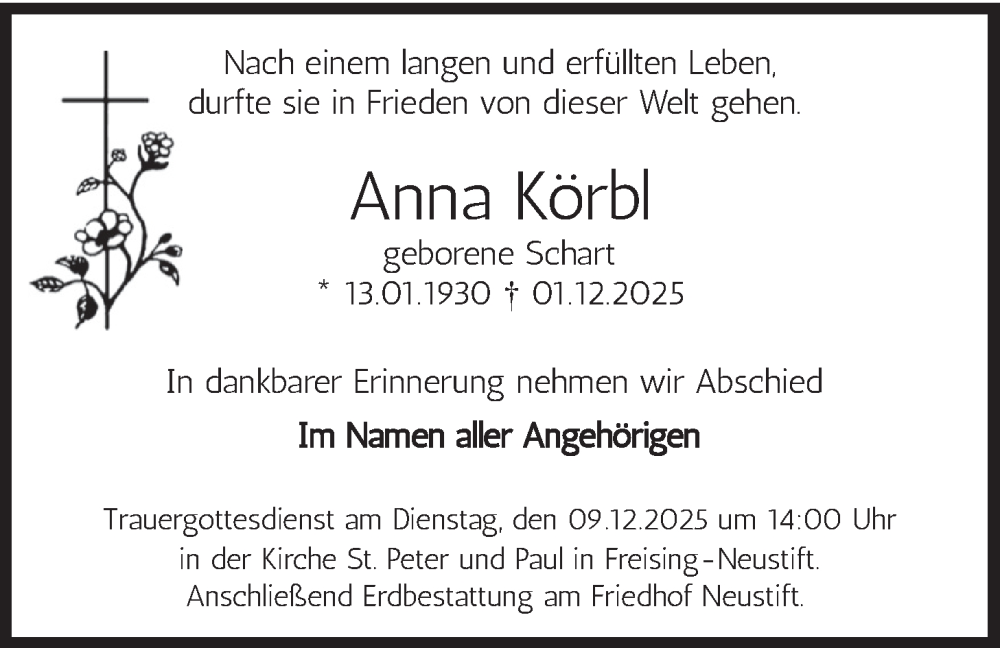  Traueranzeige für Anna Körbl vom 06.12.2025 aus merkurtz