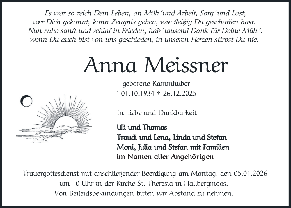  Traueranzeige für Anna Meissner vom 31.12.2025 aus merkurtz