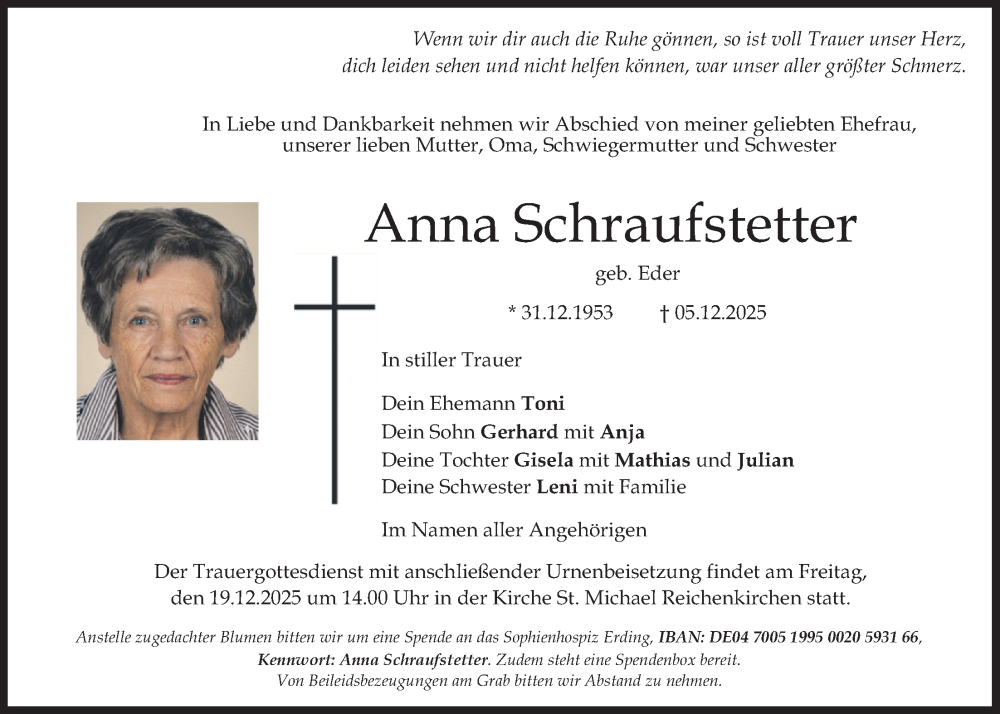  Traueranzeige für Anna Schraufstetter vom 13.12.2025 aus merkurtz