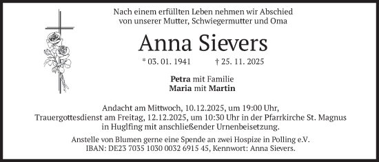 Traueranzeige von Anna Sievers von merkurtz