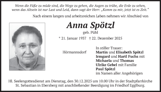 Traueranzeige von Anna Spötzl von merkurtz