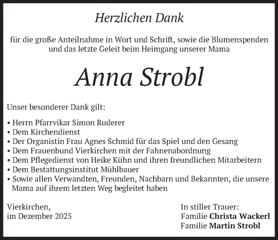 Traueranzeige von Anna Strobl von merkurtz