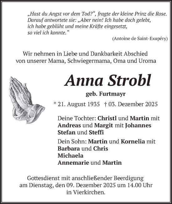 Traueranzeige von Anna Strobl von merkurtz