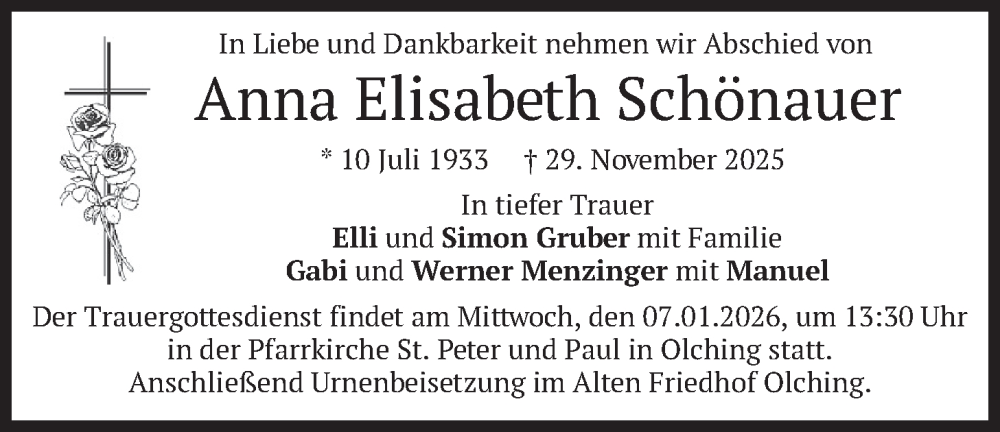  Traueranzeige für Anna Elisabeth Schönauer vom 27.12.2025 aus merkurtz
