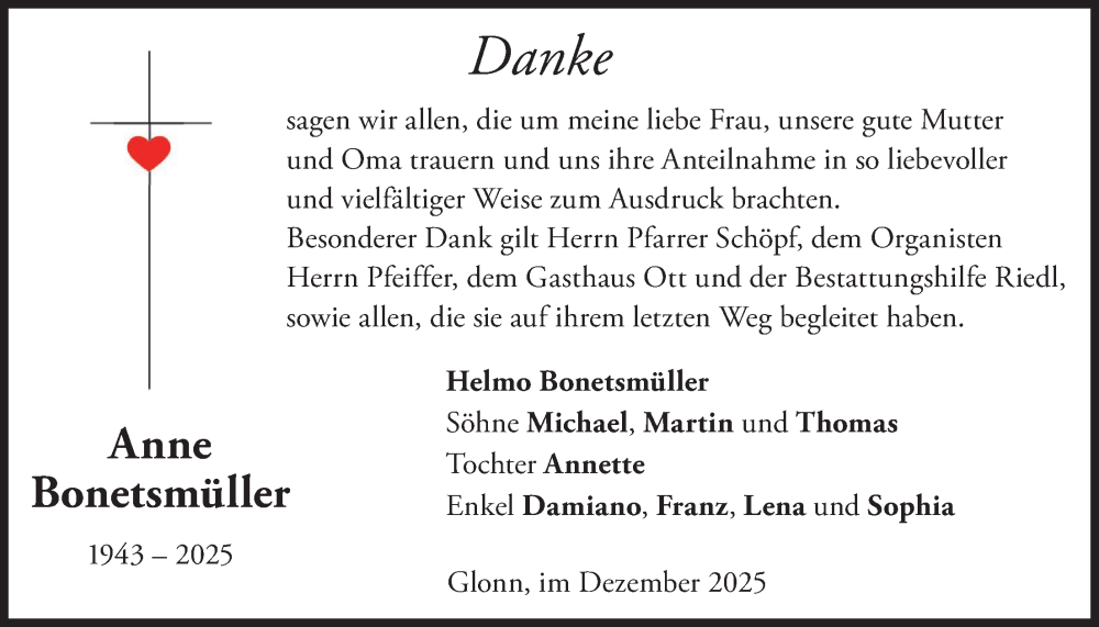  Traueranzeige für Anne Bonetsmüller vom 27.12.2025 aus merkurtz