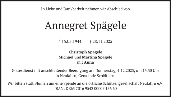 Traueranzeige von Annegret Spägele von merkurtz