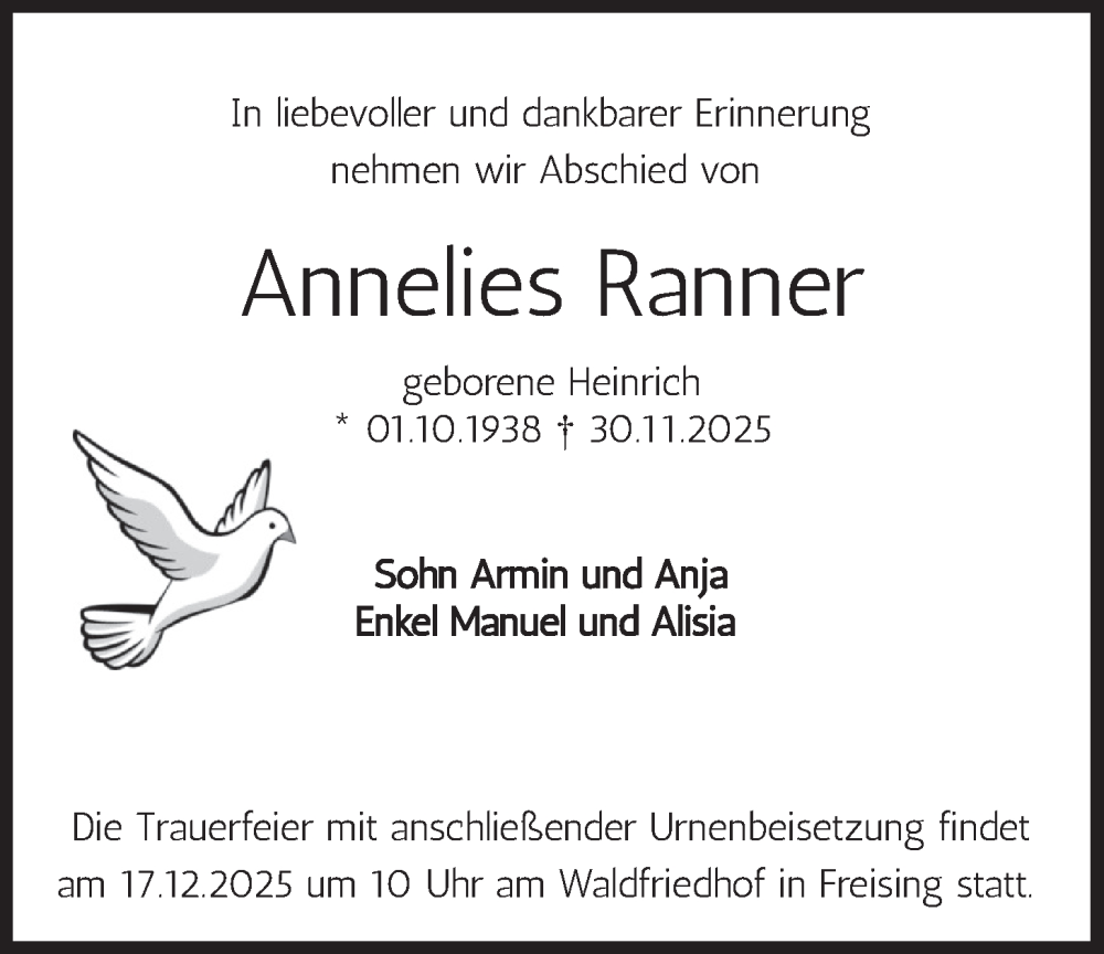  Traueranzeige für Annelies Ranner vom 13.12.2025 aus merkurtz