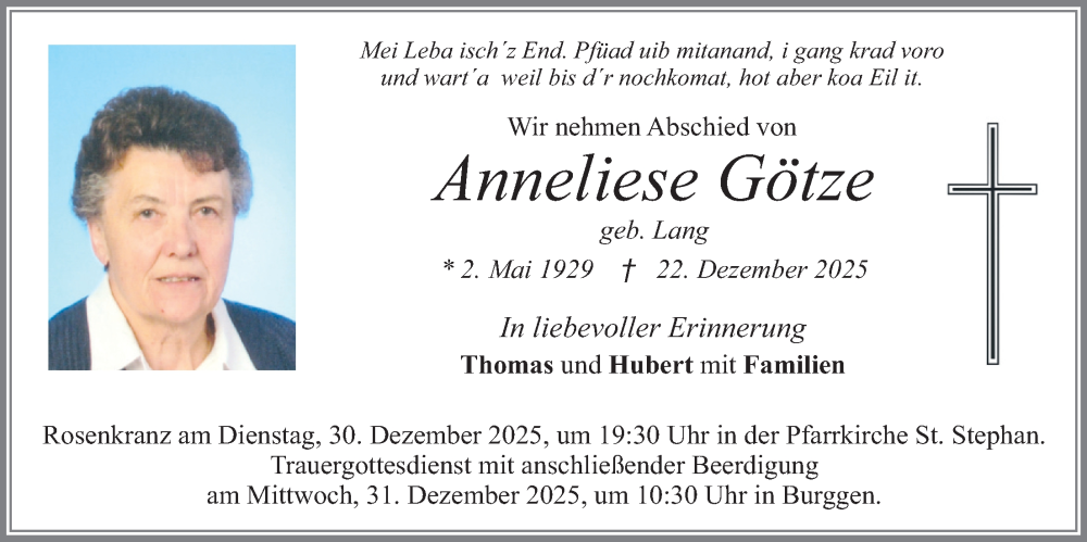  Traueranzeige für Anneliese Götze vom 27.12.2025 aus merkurtz