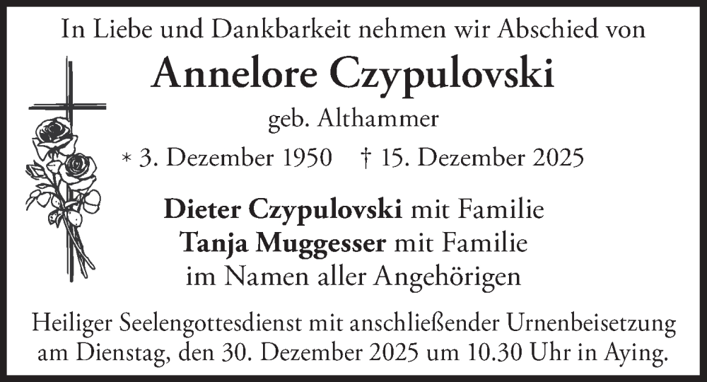  Traueranzeige für Annelore Czypulovski vom 27.12.2025 aus merkurtz