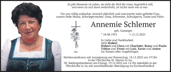 Traueranzeige von Annemie Schlemer von merkurtz