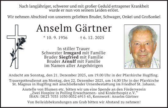 Traueranzeige von Anselm Gärtner von merkurtz