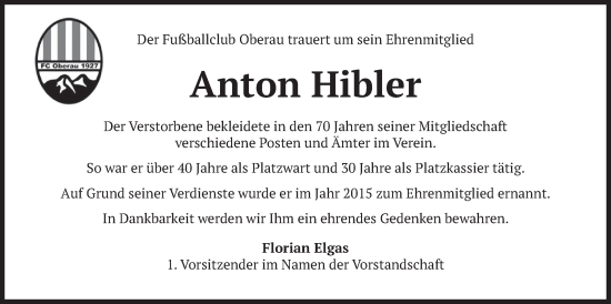 Traueranzeige von Anton Hibler von merkurtz