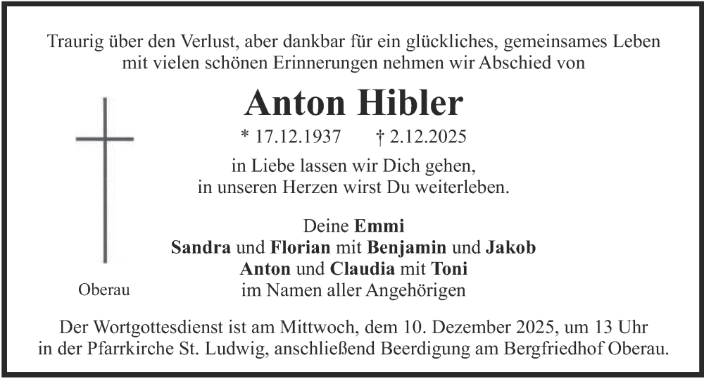  Traueranzeige für Anton Hibler vom 06.12.2025 aus merkurtz