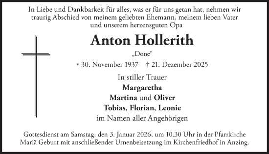Traueranzeige von Anton Hollerith von merkurtz