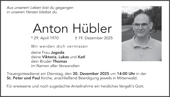 Traueranzeige von Anton Hübler von merkurtz