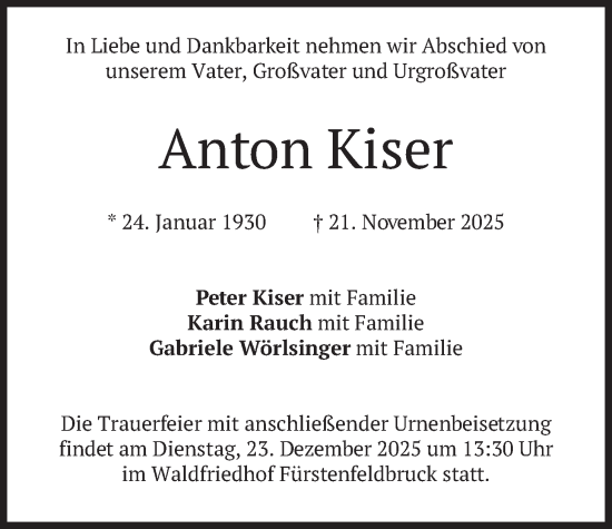 Traueranzeige von Anton Kiser von merkurtz