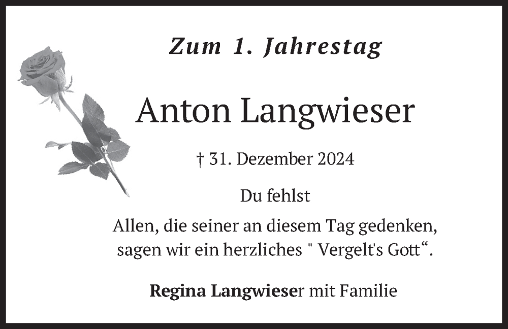  Traueranzeige für Anton Langwieser vom 31.12.2025 aus merkurtz