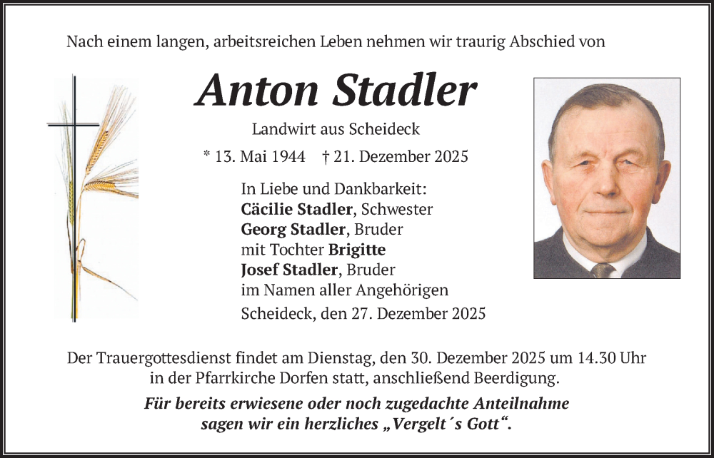  Traueranzeige für Anton Stadler vom 27.12.2025 aus merkurtz