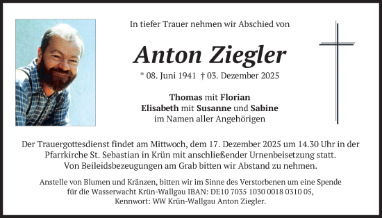 Traueranzeige von Anton Ziegler von merkurtz