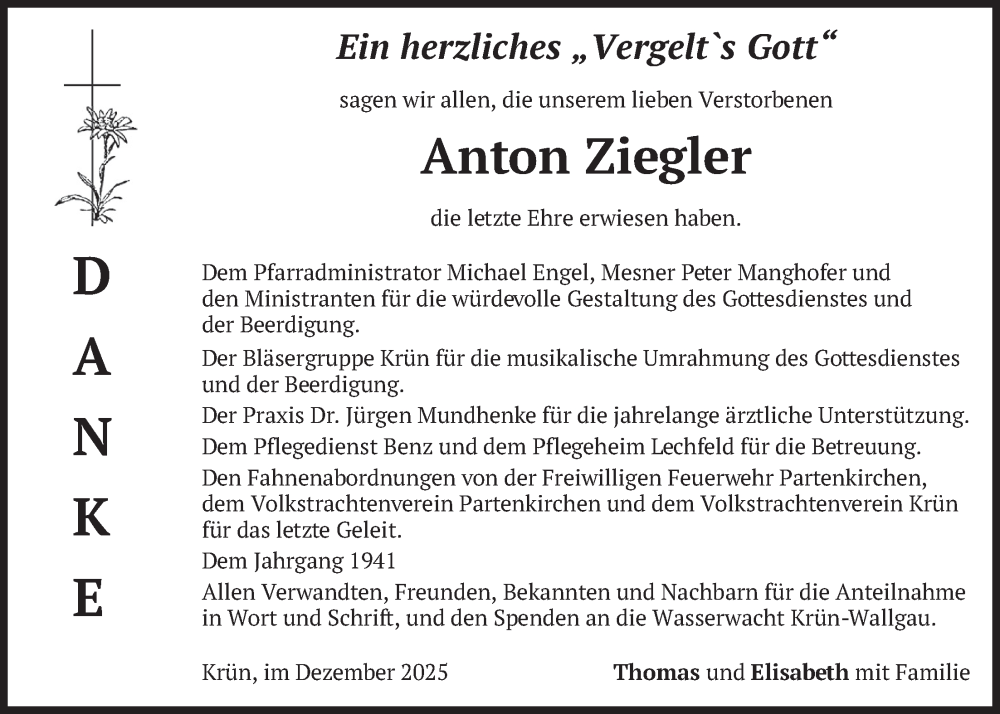  Traueranzeige für Anton Ziegler vom 27.12.2025 aus merkurtz
