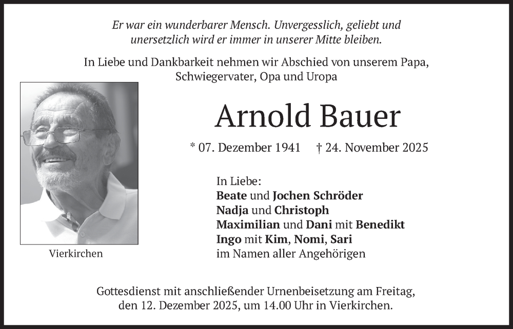  Traueranzeige für Arnold Bauer vom 09.12.2025 aus merkurtz