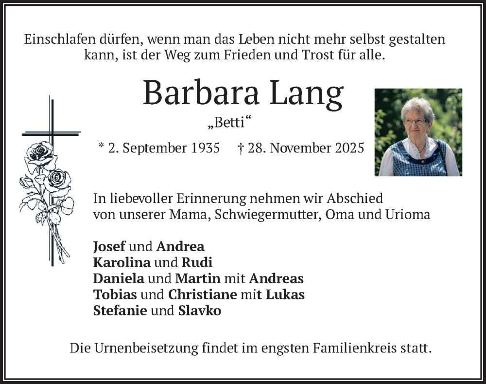  Traueranzeige für Barbara Lang vom 06.12.2025 aus merkurtz