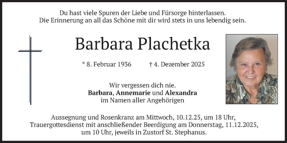  Traueranzeige für Barbara Plachetka vom 08.12.2025 aus merkurtz