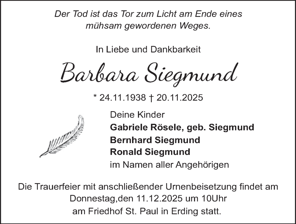  Traueranzeige für Barbara Siegmund vom 06.12.2025 aus merkurtz
