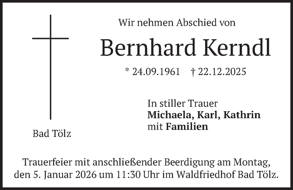  Traueranzeige für Bernhard Kerndl vom 31.12.2025 aus merkurtz
