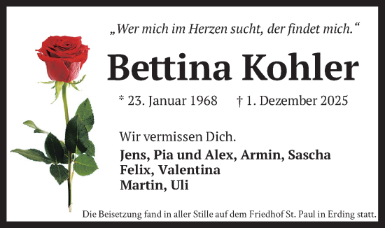 Traueranzeige von Bettina Kohler von merkurtz