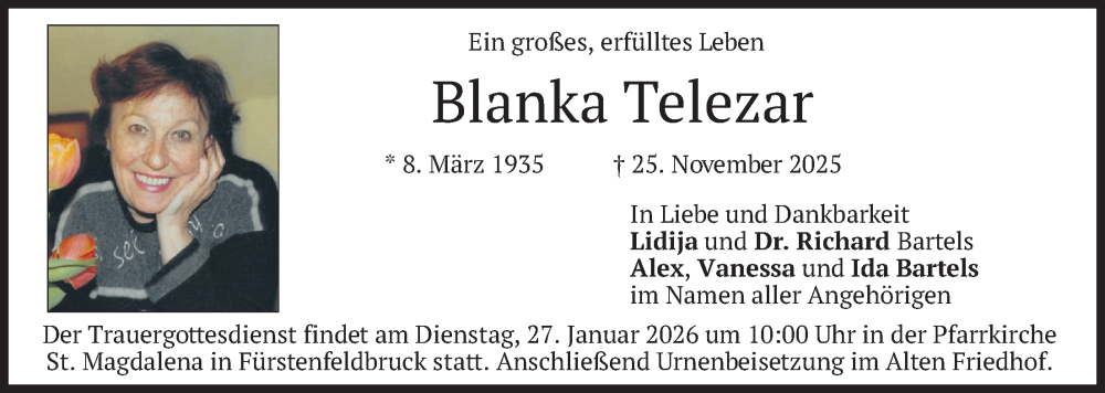  Traueranzeige für Blanka Telezar vom 06.12.2025 aus merkurtz