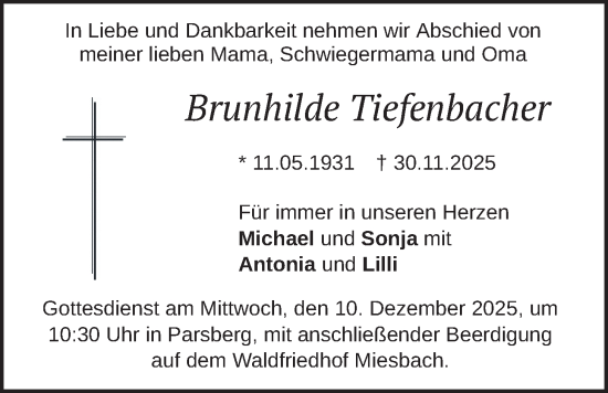 Traueranzeige von Brunhilde Tiefenbacher von merkurtz