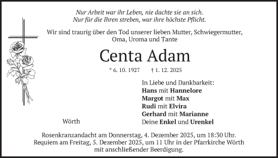 Traueranzeige von Centa Adam von merkurtz