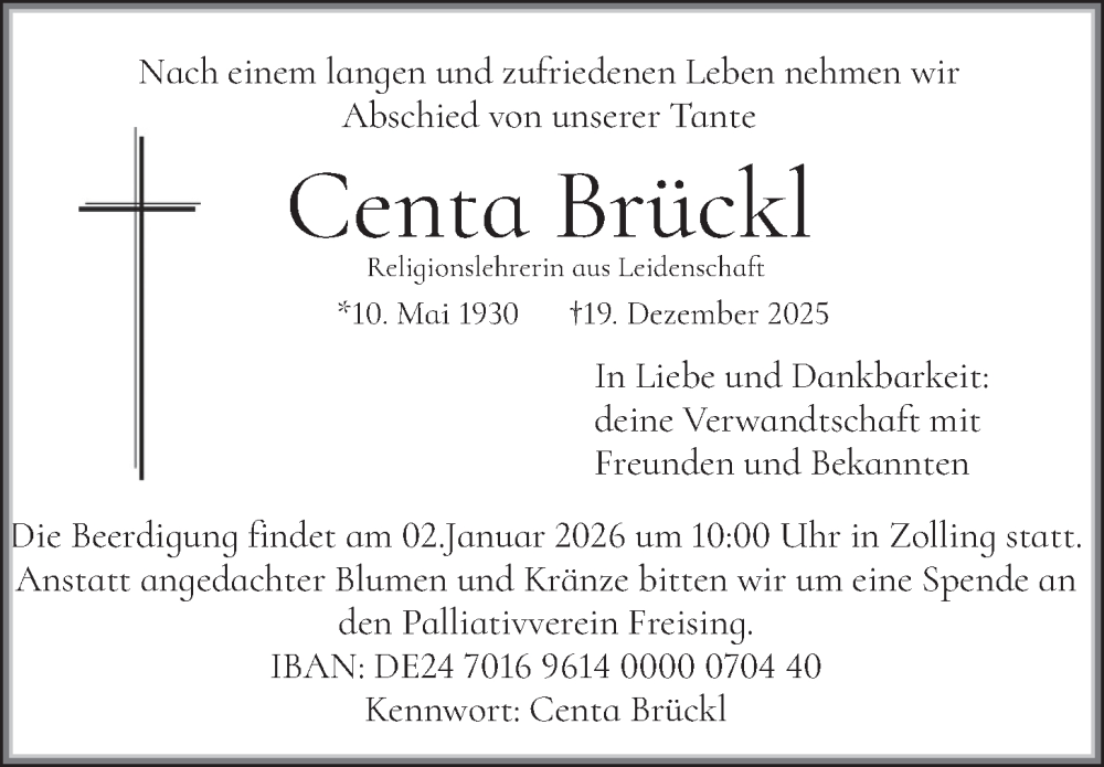  Traueranzeige für Centa Brückl vom 27.12.2025 aus merkurtz