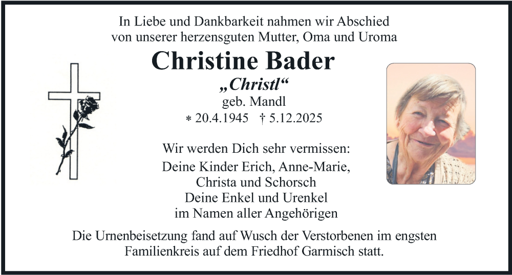  Traueranzeige für Christine Bader vom 27.12.2025 aus merkurtz