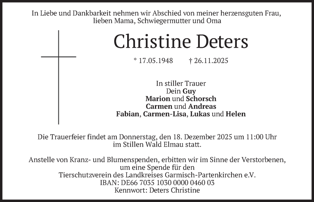  Traueranzeige für Christine Deters vom 13.12.2025 aus merkurtz