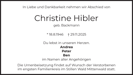 Traueranzeige von Christine Hibler von merkurtz