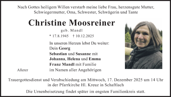 Traueranzeige von Christine Moosreiner von merkurtz