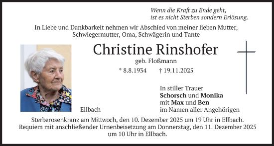 Traueranzeige von Christine Rinshofer von merkurtz