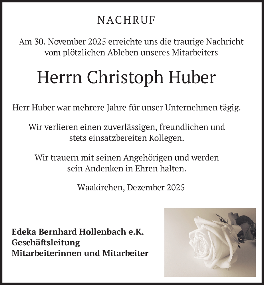  Traueranzeige für Christoph Huber vom 05.12.2025 aus merkurtz