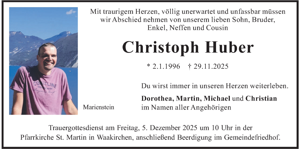  Traueranzeige für Christoph Huber vom 03.12.2025 aus merkurtz