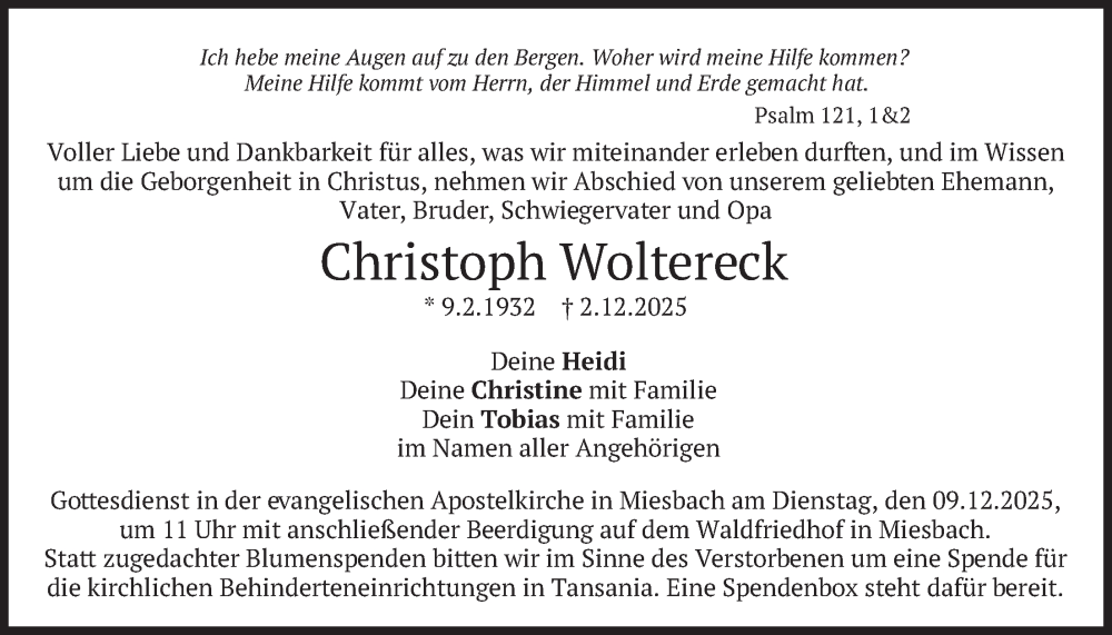  Traueranzeige für Christoph Woltereck vom 06.12.2025 aus merkurtz
