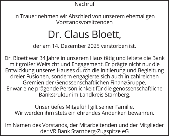 Traueranzeige von Claus Bloett von merkurtz