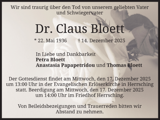 Traueranzeige von Claus Bloett von merkurtz