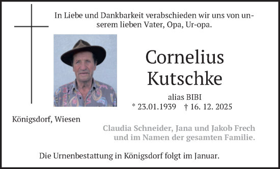 Traueranzeige von Cornelius Kutschke von merkurtz