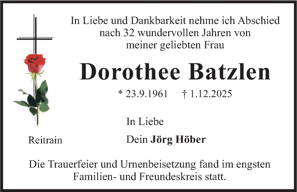  Traueranzeige für Dorothee Batzlen vom 20.12.2025 aus merkurtz