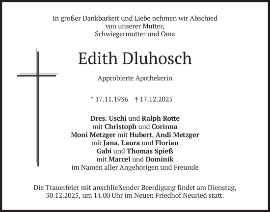 Traueranzeige von Edith Dluhosch von merkurtz