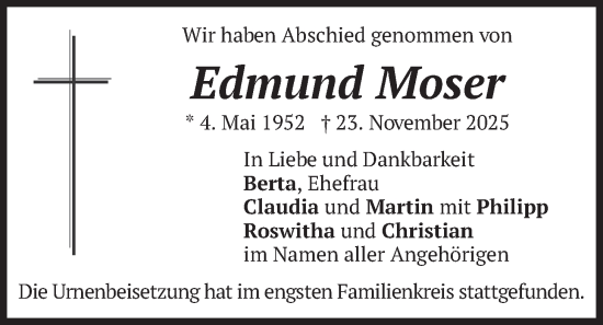 Traueranzeige von Edmund Moser von merkurtz