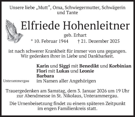 Traueranzeige von Elfriede Hohenleitner von merkurtz