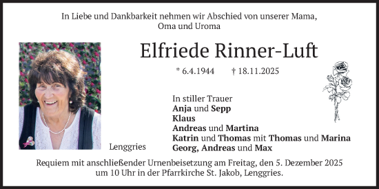 Traueranzeige von Elfriede Rinner-Luft von merkurtz